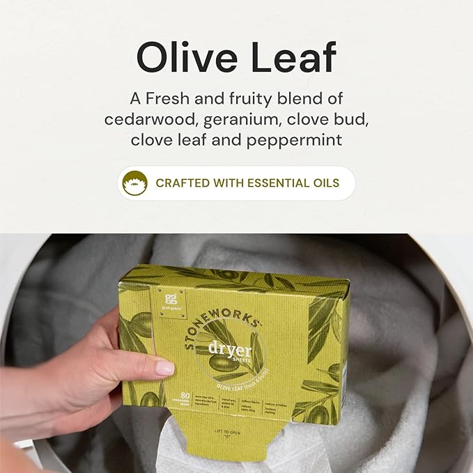 Grab Green Stoneworks Dryer Sheets, 80 Sheets, Olive Leaf Scent, Plant and Mineral Based, Softens Fabrics, Reduces Static-Cling and Wrinkles, Freshens Clothing