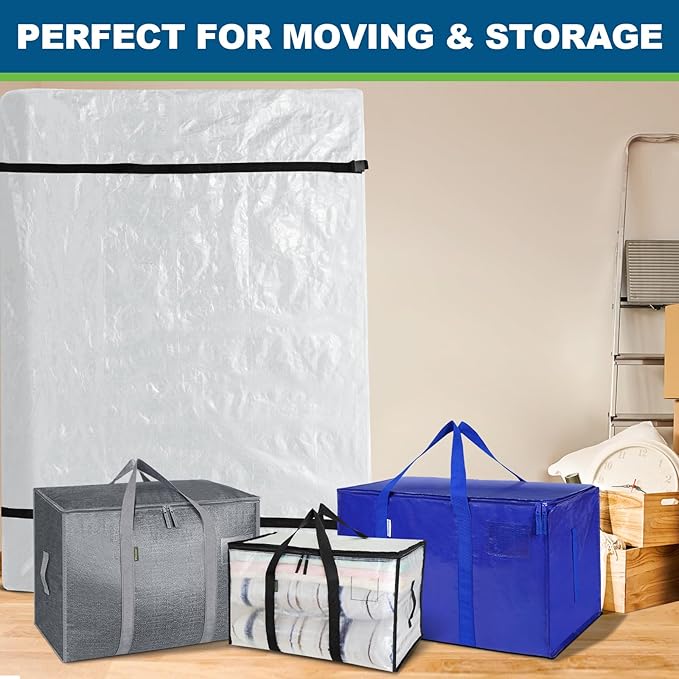 TICONN Mattress Bags for Moving, Heavy Duty King Mattress Cover Storage Bag with Full-Around Handle and Adjustable Buckles (Clear, King)
