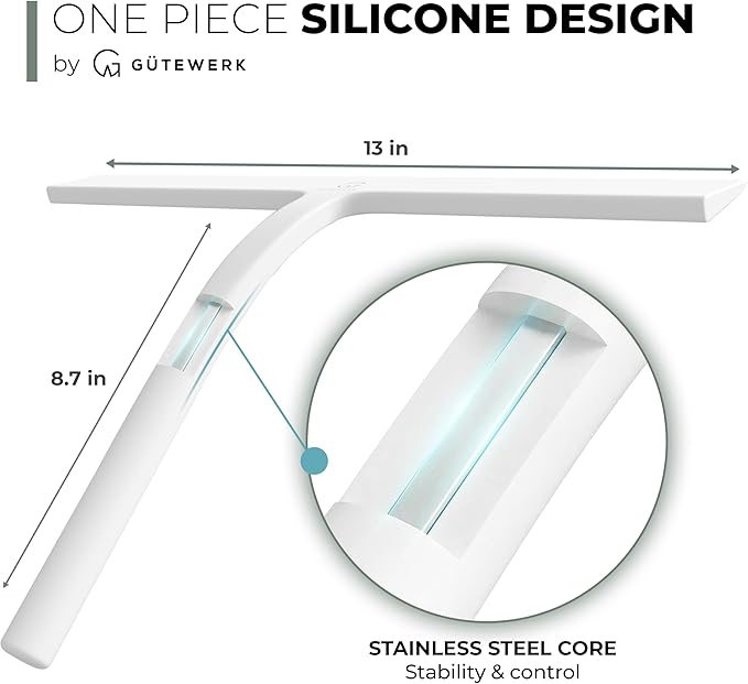 GÜTEWERK Silicone Shower Squeegee for Glass Doors & Mirrors with Stainless Steel Core, Streak-Free & No-Squeak Window Cleaning, 3-in-1 No-Drill Mount (Hook/Suction/Adhesive),White, 13 Inches
