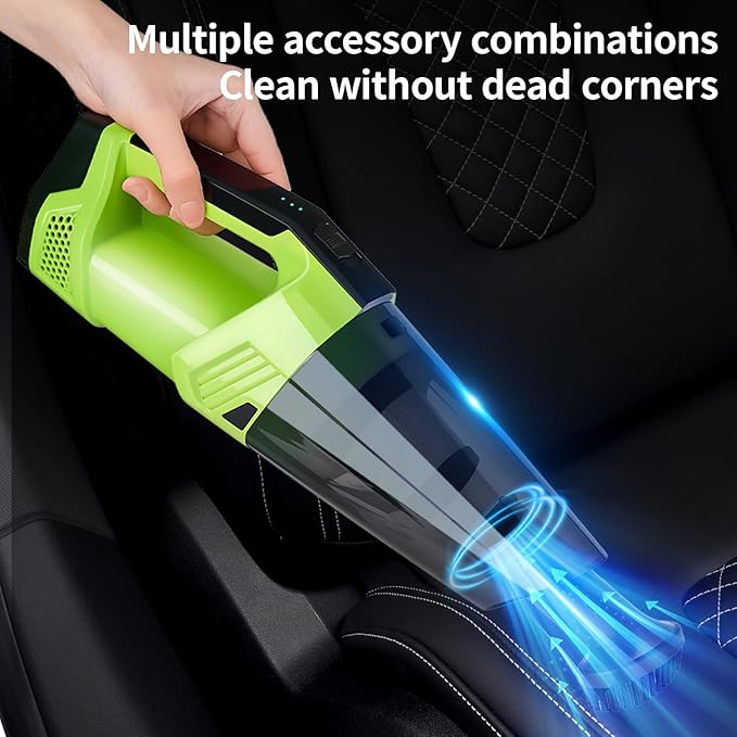 Cordless Car Vacuum: Portable Handheld Vacuum with LED Light, High Power Suction, Lightweight Rechargeable Hand Vacuum Cleaner for Car, Home, Office, and Pet Hair - Green