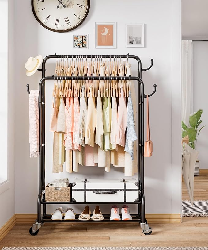 Homde Heavy Duty Clothes Rack: 265lb Rolling Double Rod Garment Hanging - Metal Coat Organizer Storage Display Shelf on Wheels for Bedroom Laundry