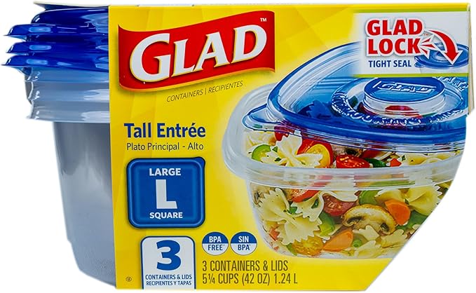 Glad GladWare Tall Entree Food Storage Containers with Lids, Large Square BPA Free Plastic for Meal Prep and Lunches, Lock Tight Seal, Microwave and Dishwasher Safe, 42 Oz, 3 Count