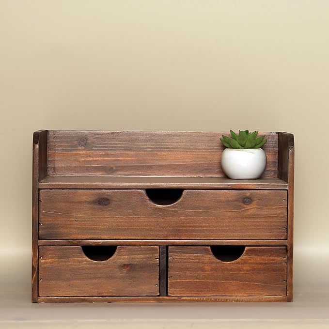 Vintage Rustic Brown Wooden 3 Drawer with Shelf Office Desk Organizer & Mail Rack For Desktop,Box for Office Home makeup holder Toiletries Supplies Vanity, No Assembly Required (Brown)