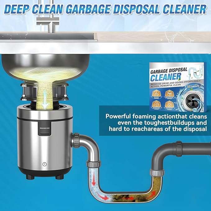 Garbage Disposal Cleaner and Deodorizer Tablets - 50 Count (1-Year Supply), Powerful Foaming Sink Cleaner, Quickly Eliminates Odors, Natural Drain Odor Eliminator for Kitchen Disposal Care