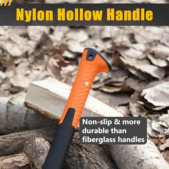 X25 Wood Splitting Axe, 28” Camping Outdoor Hatchet for Wood Splitting and Kindling, Forged Carbon Steel Heat Treated Hand Maul Tool, Nylon Hollow Handle Shock Reduction Handle