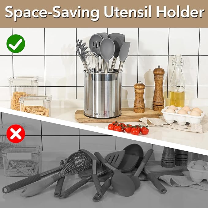 Hillbond 7.5x6.9 Inch EXTRA LARGE Utensil Holder for Countertop, Stainless Steel Rotating Organizer with Removable Divider, Space-Saving for Large Kitchen Utensils Set & Spacious Kitchens