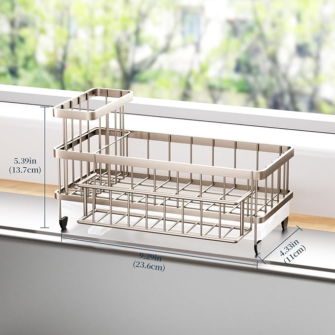 Consuemst Sponge Holder for Kitchen Sink - Auto Draining Sink Caddy Organizer with Detachable Rack, High Brush Holder, Kitchen Countertop Storage Accessories, Sand Nickel