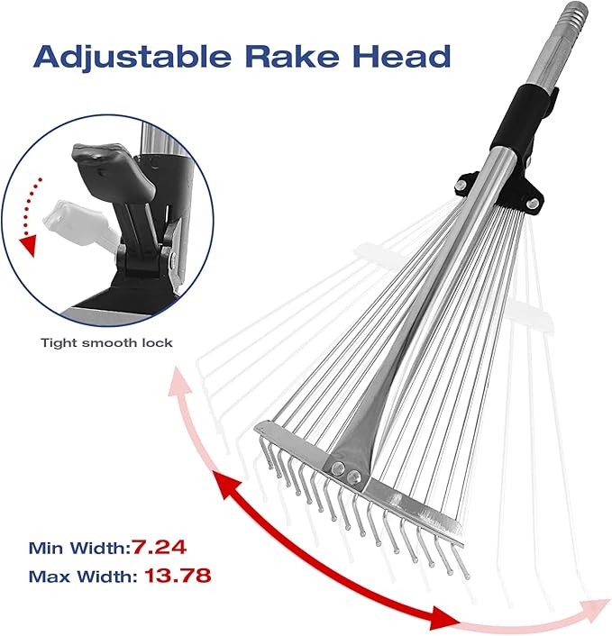 Adjustable Metal-Leaf Rake with Telescopic Handle - Lawn & Garden Tool for Grass, Leaves & Shrubs - Heavy Duty Yard Rake for Adults, Women & Kids