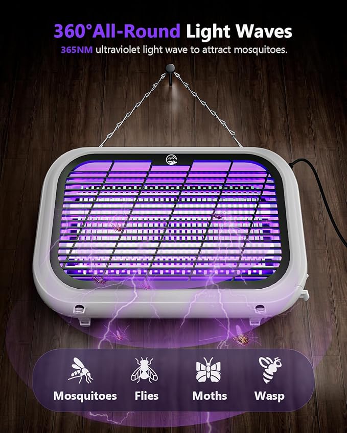 Indoor Electric Bug Zapper, Powerful Fly Zapper with Double-Layer High-Voltage Grid, All-Round Mosquito Catcher for Fly, Mosquito, Moth, Gnat, Trap, Removable Tray & 2 Replace Light Tube