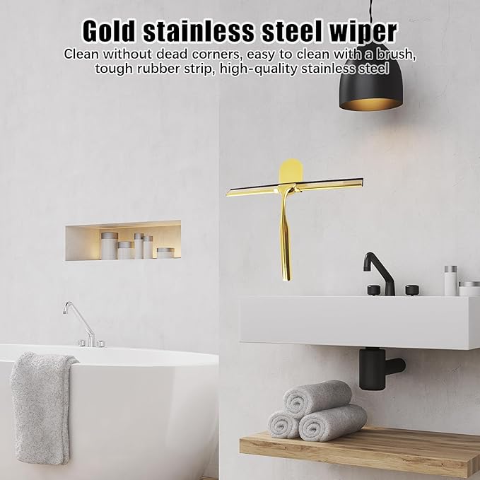 Squeegee for Shower Glass Door, All-Purpose Stainless Steel Squeegee with Adhesive Hooks, Cleaner Tool for Tile Walls, Bathroom, Window, Glass and Car Windshield, Mirrors and Kitchen(10in, Gold)