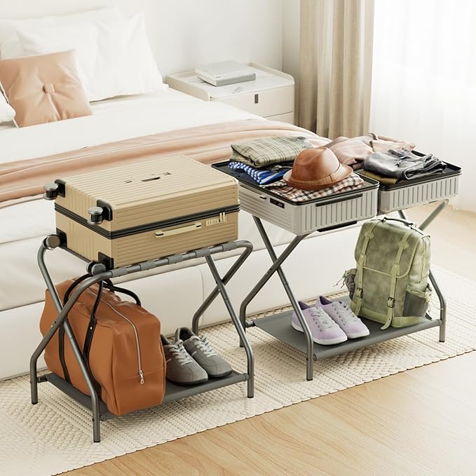 AMHANCIBLE Luggage Rack, Set of 2, Foldable Suitcase Stands for Guest Room, Metal Luggage Holder with Storage Shelf for Bedroom, Hotel, Easy Assemble, HLR02GY