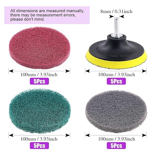 Swpeet 16Pcs 4Inch 3 Different Color Scrubbing Pads Drill Powered Brush Tile Scrubber Scouring Pads Cleaning Kit, Abrasive Buffing Pads Replacement with 1 Pcs Hook Attachment for House Cleaning