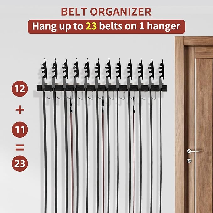 Cuipingoo Belt Hanger for Closet Max 42 Belts, 2-in-1 Wall Mount Belt Organizer with 360° Rotating Hooks, Wooden Tie and Belt Rack for Closet Accessories Organizers and Storage, Black
