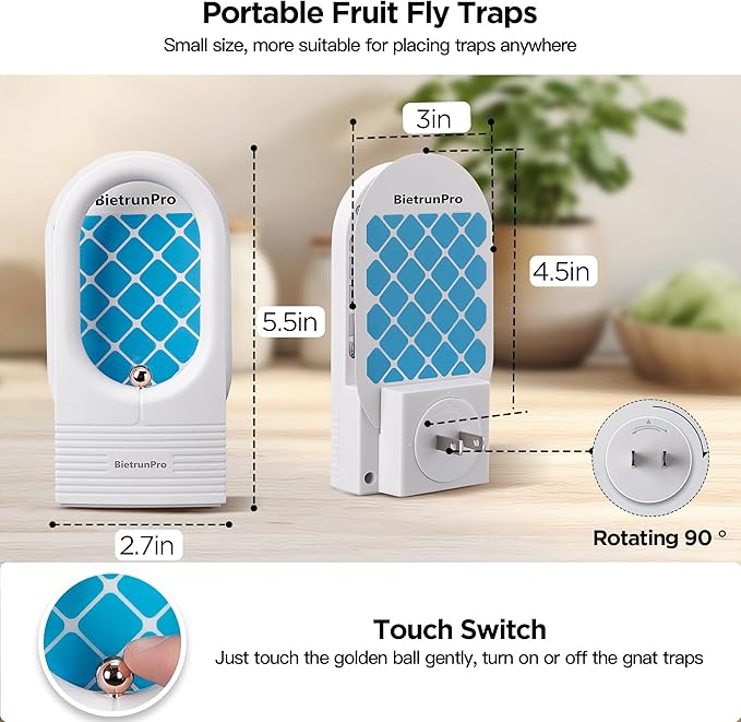 Indoor Fruit Fly & Gnat Traps Plug-in - UV/Blue Light Insect Trap with 2 Devices+6 Refills, Safe & Odorless Flying Insect Catcher for House/Kitchen/Office - Get Rid of Mosquitoes, Moths, Gnats