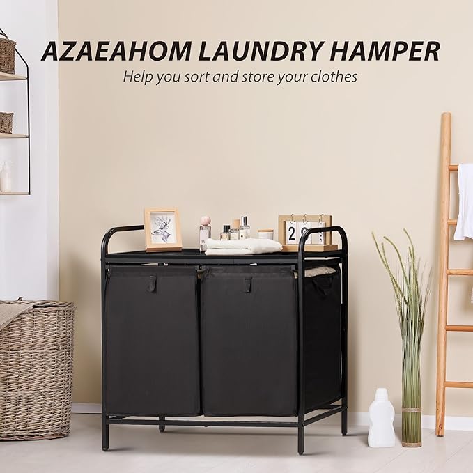 2 Section Laundry Hamper with Shelf, Laundry Basket Organizer with 2 Pull-Out Removable Bags 2×13.2Gal(49.9L), Laundry Sorter for Clothes Organization in Bedroom, Laundry Room, Black