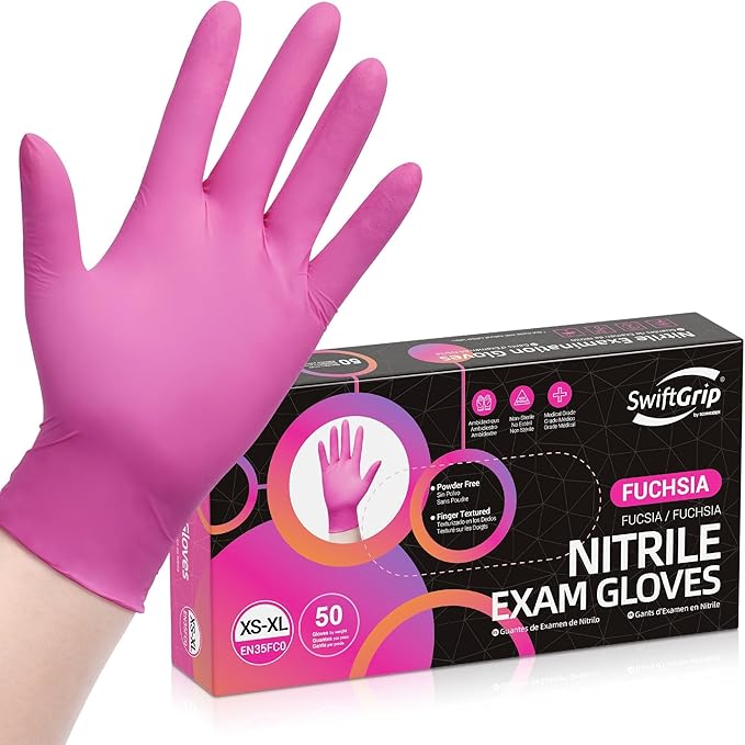 Powder-Free Nitrile Gloves, 3-mil, Disposable Nitrile Gloves, Latex-Free, Powder-Free - Pink/Fuchsia