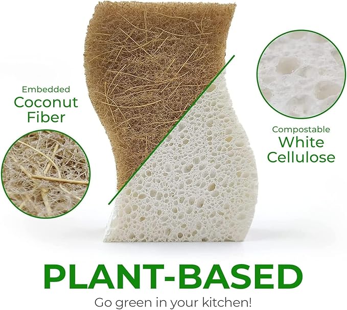 Natural Kitchen Sponges (24 Pack) - Biodegradable Cellulose & Coconut Scrubber Dish Sponges for Kitchen - Eco-Friendly, Non Scratch, Compostable, Non Toxic S-Shaped Natural Sponges for Dishes