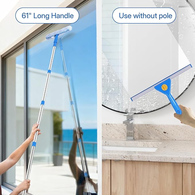 Window Cleaning Kit with Collapsible Bucket 3 Gallon, 14" Window Squeegee and 15" Scrubber with 61" Long Handle, Professional Window Washing Kit Cleaner Tool for Home Outdoor Office Commercial Use