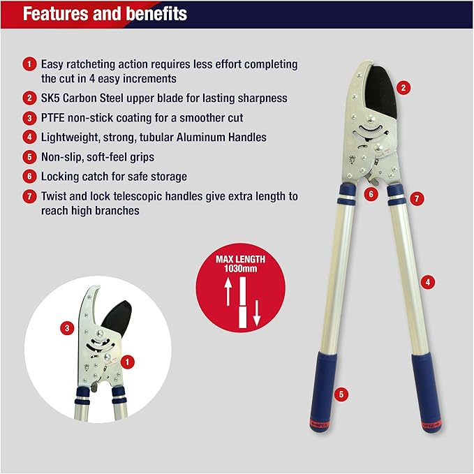 Spear & Jackson 8290RS Razorsharp Heavy Duty Telescopic Ratchet Anvil Loppers, Extendable 40 1/2" Handles, Ideal for Cutting Thick Hard To Reach Branches, Powerful Ratcheting Mechanism