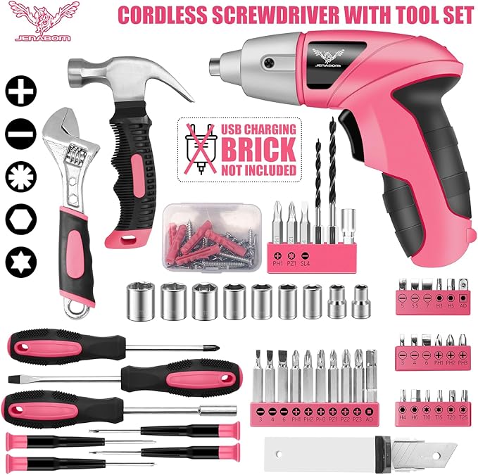 Pink 151PCS Tool Kit with 3.6V USB Electric Screwdriver, Cordless Drill Set, Home Tool Set for Women