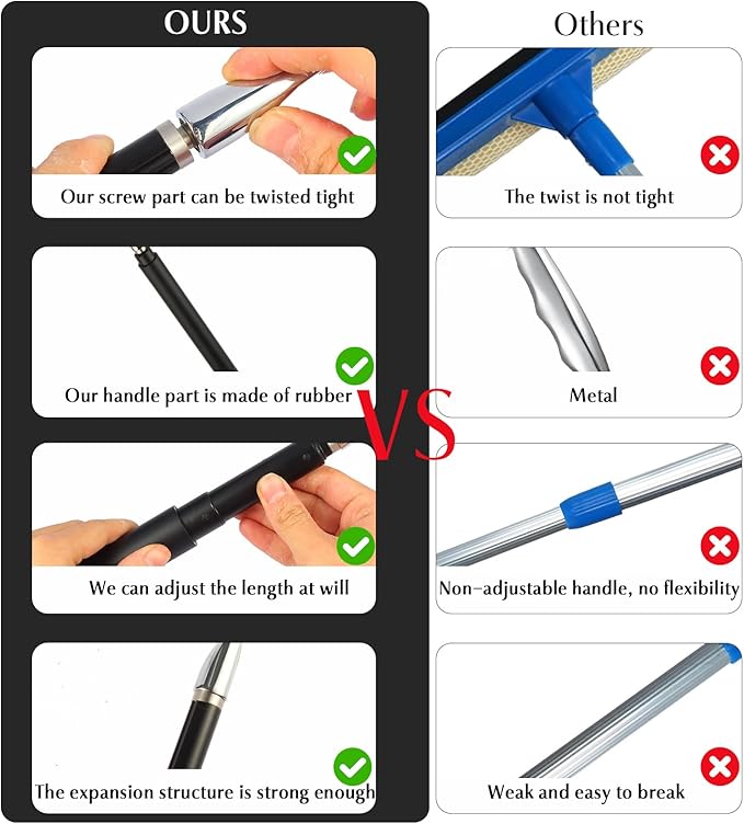 Shower Squeegee with Long Handle – Includes Replacement Silicone Blade, Extendable 13" to 48", 14" Wide for Glass, Mirrors, Windows, Bathroom Tiles & Walls, Telescopic Wiper with Hooks (Black)