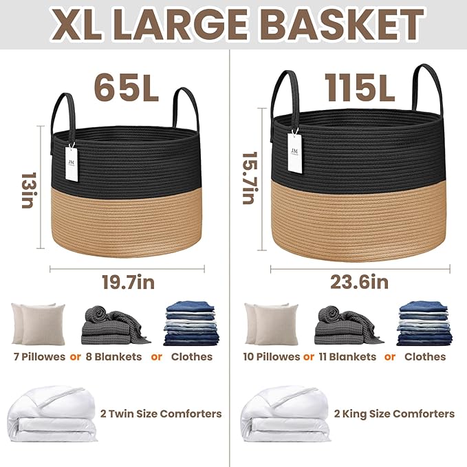 JMvicyroam 115L Extra Large Blanket Basket for Living Room - Woven Cotton Rope Laundry Hamper with Reinforced Handles - Storage Bin for Pillows, Comforters & Toys - Machine Washable,Black&Jute
