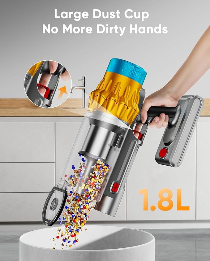 Cordless Vacuum Cleaner, 650W/55KPA, 70 Mins Runtime Self-Standing Stick Vacuum, Vacuum Cleaners for Home with Anti-Tangle Brush, Smart Display, 1.8L Cup Vacuum for Pet Hair/Carpet/Floor (Gold)