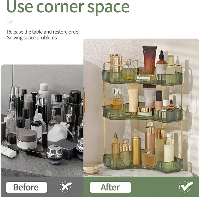 INVSSENE Corner Bathroom Countertop Organizer, Vanity Trays for Bathroom Counter, Makeup Organizer, Perfume Tray, Kitchen Spice Rack, Fits 90 Corner(Green, 3 Tiers)