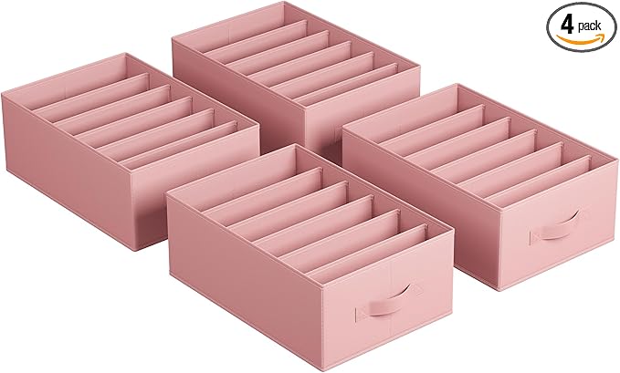 SONGMICS Set of 4 Large Size Wardrobe Clothes Organizers, 6-Compartment Foldable Drawer Organizers with Handles, 16.5 x 11.8 x 6.7 Inches, for Pants, Sweaters, Jeans, Jelly Pink URUS009R01