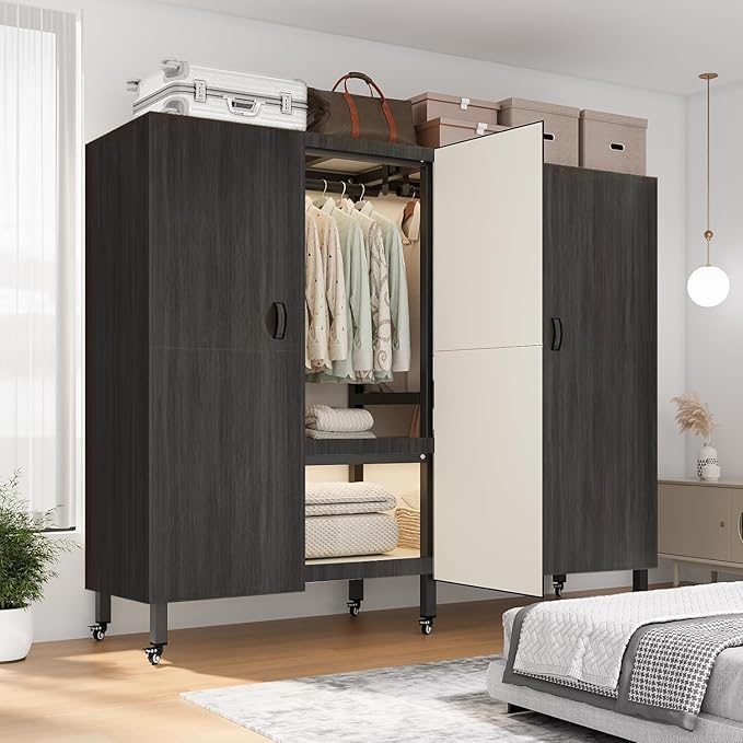 Heavy Duty Covered Clothes Rack with Magnetic Door Foldable Portable Wardrobe Closet for Hanging Clothing Rolling Black Metal Garment Rack on Wheels Closet System (Black, 58.9in)