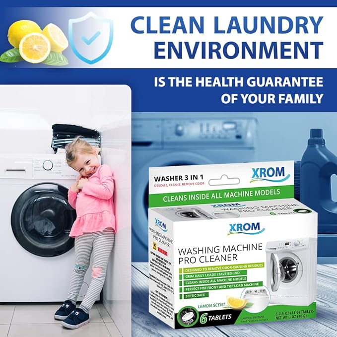 XROM Plant Based, Washer Cleaner And Descaler, Removes Odors, Limescale & Detergent Build-Up, Removes Hard Water Stains, For Front and Top Load, 6 Per Pack (Lemon)