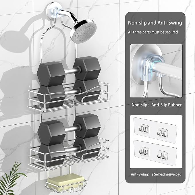 DAOYA Shower Caddy - Organizer with 6 Hooks, Soap Basket & Self-Adhesive Pad, Silver