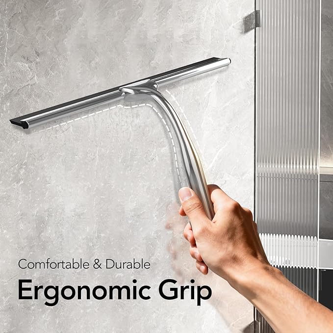 Shower Squeegee for Shower Glass Door with Adhesive Hook, Stainless Steel Squeegee for Shower Glass, Window Squeegee for Cleaning Tile Wall, Mirror, Car(10", Silver)