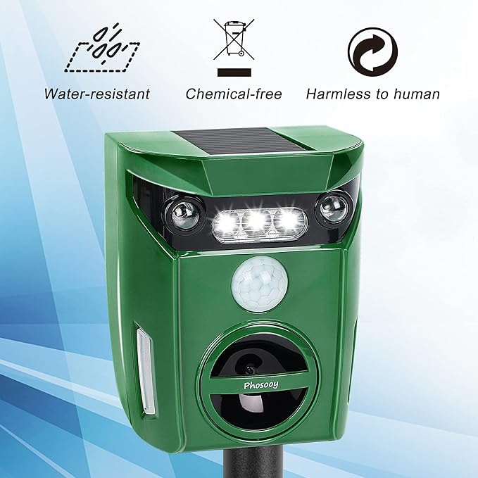 Ultrasonic Animal Repeller, Outdoor Waterproof Solar Animal Deterrent Repellent with Motion Sensor & LED Flashing Lights, Drive Away Cats, Squirrels, Rats, Skunks, Raccoons and Deer