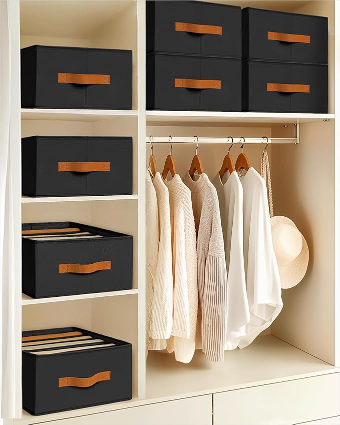 Homsorout Clothes Organizers and Storage - 4/5/7 Grids Fabric Jeans Organizer with Handles, Foldable Closet Organizers Dividers, Wardrobe organizer for Pant, Sweater, T-shirt, Scarf, 3 Pack, Black