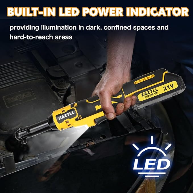 3/8" Cordless Ratchet Wrench Set,60Ft-lbs Extended Electric Ratchet Wrench, 400 RPM Chargeable Power Ratchet Driver with 2 X 21V Lithium-Ion Battery,7 Sockets, 3" Extension Bar, 1/4" Adapter