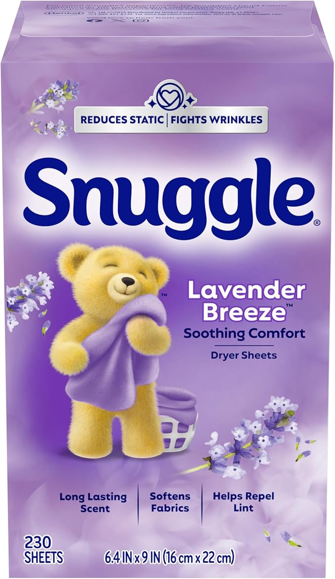 Snuggle Fabric Softener Dryer Sheets, Lavender Breeze Soothing Comfort, 230 Ct, Long-Lasting Fresh & Clean Scent, Softens Fabric, Reduces Static, Fights Wrinkles, Helps Repel Lint & Pet Hair, HE Safe