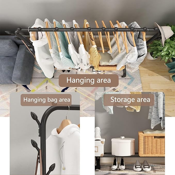 Wardrobe Closet, Portable Clothing Rack for Hanging Clothes,Clothing Storage Shelf,with Storage Shelves,for Cloakroom Bedroom, Design Good Load Bearing Non-Slip Corrosion Resistant Black