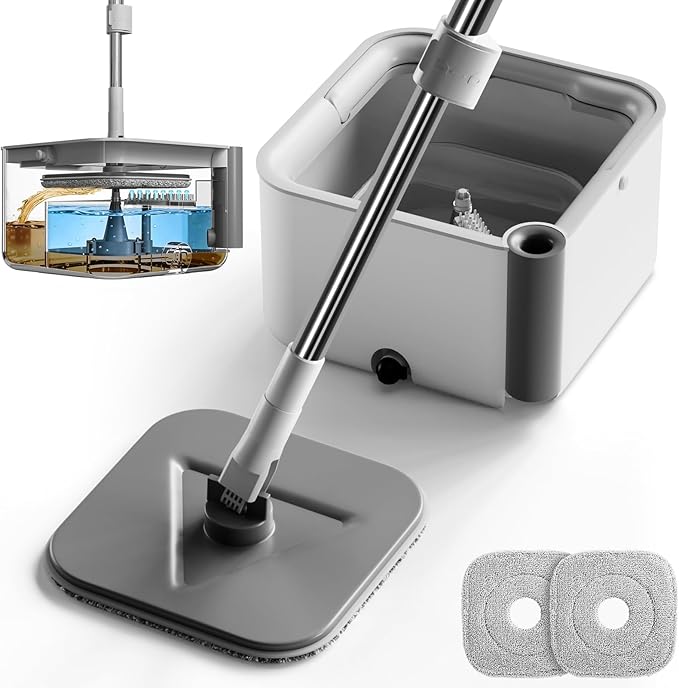 Masthome Mop and Bucket Set,360° Square Spin Mop with Separate Dirty Water System,Versatile Mops for Walls with 64" Extra Long Handle Telescopic,2 Microfiber Pads,Mops for Home Floors Cleaning