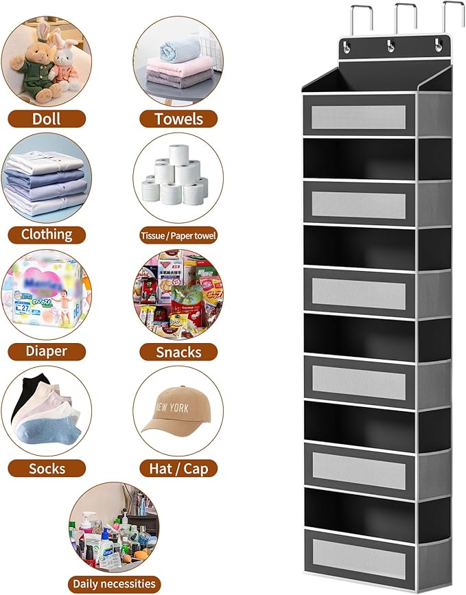 Over The Door Organizer with 6 Large Pockets, Over the Door Storage 12 Side Pockets, Hanging Door Organzier 44 lb Load Behind Door Storage Hanging Shelf for Closet Wall Bathroom Nursery, 6-Tier Black