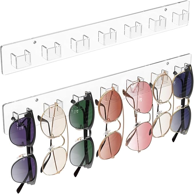 MaxGear Sunglasses Organizer Wall Mount, 2-Pack Acrylic Eyewear Display Holder with 14 Slots, for Glasses/Sunglasses Storage, Includes Adhesive Tape & Screws, Clear Wall Mounted Shelf for Closet, Door