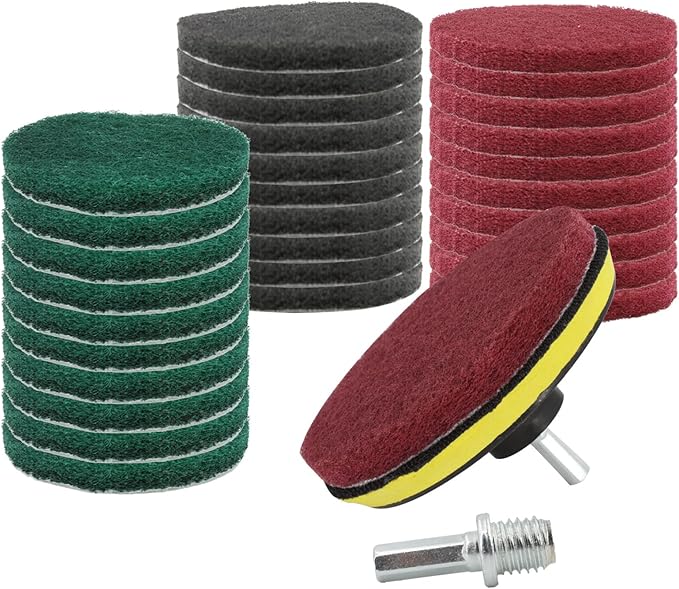 33 Pack Drill Brush Set Power Scrubber Scouring Pads Household Cleaning Kit with Hook and Loop Backing Pad Holder Includes Drill Attachment, 3 Different Stiffness Household Cleaning Pads for Drill