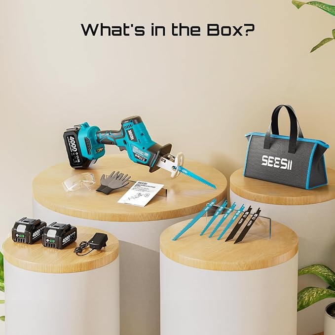 SEESII Reciprocating Saw Cordless, Variable Speed 3500 RPM Brushless Motor with 6 Saw Blades, 2 x 4.0Ah Batteries, LED Light, Tool‑Free Blade Change, Portable for Wood PVC Cutting