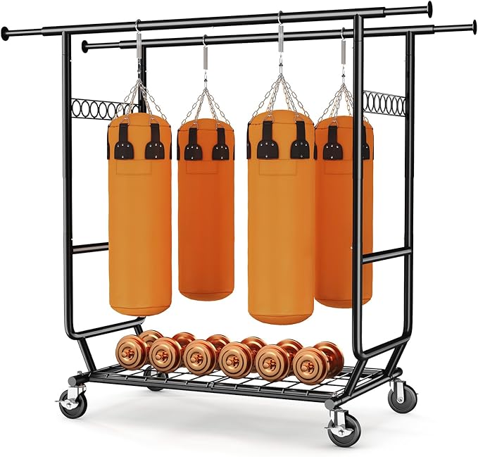 HOKEEPER Clothes Rack Heavy Duty Clothing Rack Load 650 LBS Collapsible Garment Rack with Wheels Double Rod Coat Rack for Hanging Clothes Commercial Closet Rack with Shelves, Black 22" D*75" W*68" H
