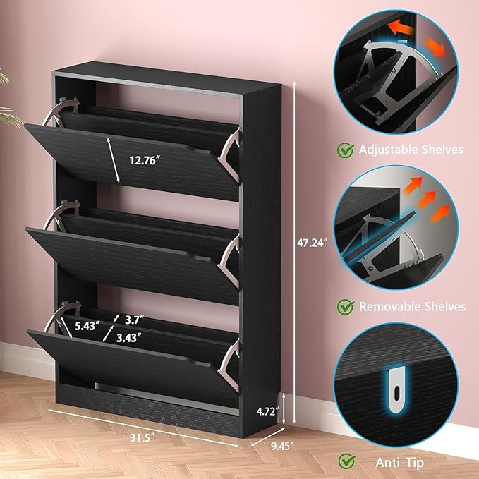 BORNOON Shoe Storage Cabinet with 3 Flip Drawers,Narrow Shoe Rack Cabinet,Freestanding Organizer Storage for Entryway, Hallway, Black