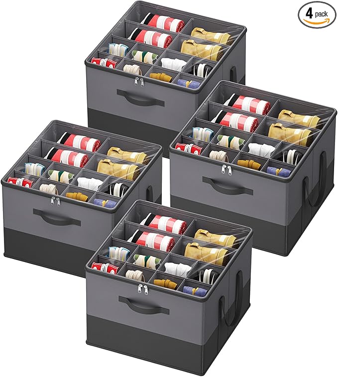 Lifewit 4 Pack Shoe Storage Organizer for Closet, Large Shoe Box Storage Containers with Clear Cover, Foldable Storage Bins Fit for Boots Fits 48-64 Pairs (Each 12-16 Pairs) Gray and Black