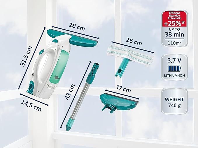 Leifheit Dry & Clean Window Vacuum Cleaner Set with 43cm Handle and Washers, Window Cleaning Kit up to 35 Minutes of Power, Electric Window Cleaner