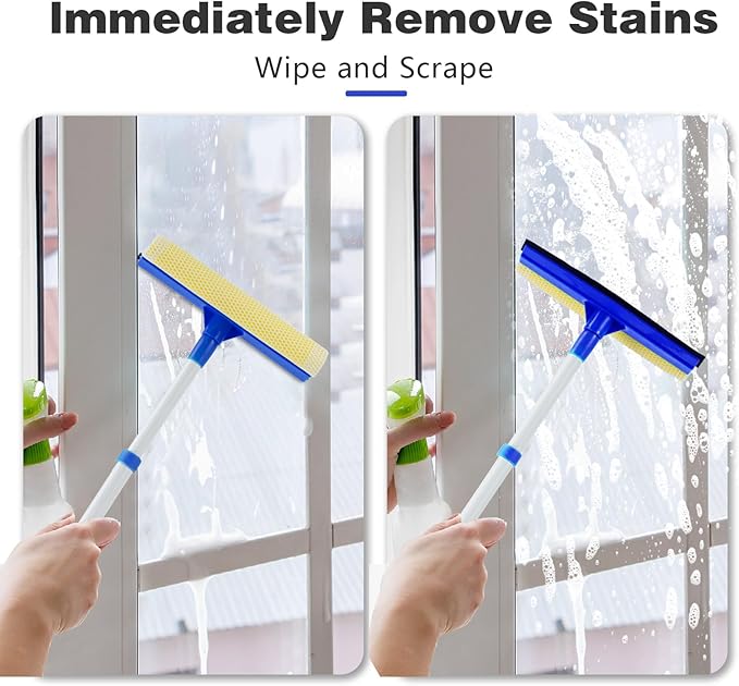 15.9" Window Squeegee for Car,2 in 1 Squeegee Window Cleaner with Long Stainless Steel Handle,Sponge Car Window Squeegee for Gas Station, Glass,Shower (Iron Pole)