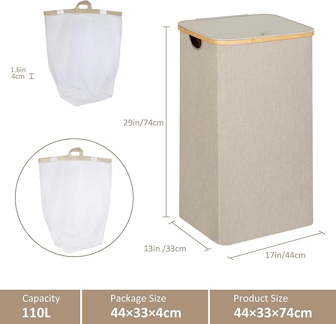 IEGrow Laundry Basket with Lid, Large Laundry Hamper with Handle and Lid, Collapsible Clothes Basket Organizer with Removable Inner Bag for Clothes Toys Towels (Oatmeal, 110L)