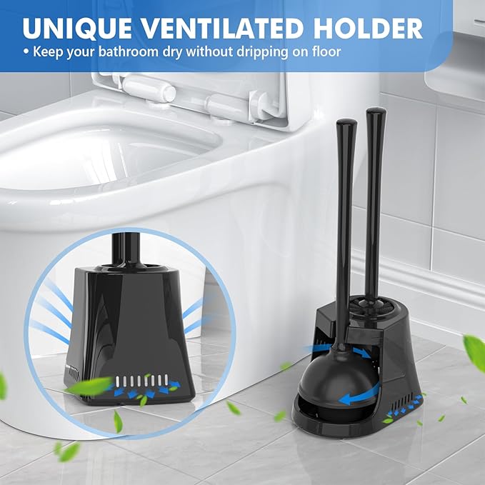 Toilet Plunger and Brush with Holder, Bowl Brush and Heavy Duty Toilet Plunger Set with Ventilated Holder, 2-in-1 Toilet Brush and Plunger Combo for 5.3-inch Toilet Drain New Pack (Black, 1)